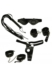 Набор фиксаций: наручники, наножники, плетка, маска и фиксация на женские половые органы 24904801001 Orion (черный)